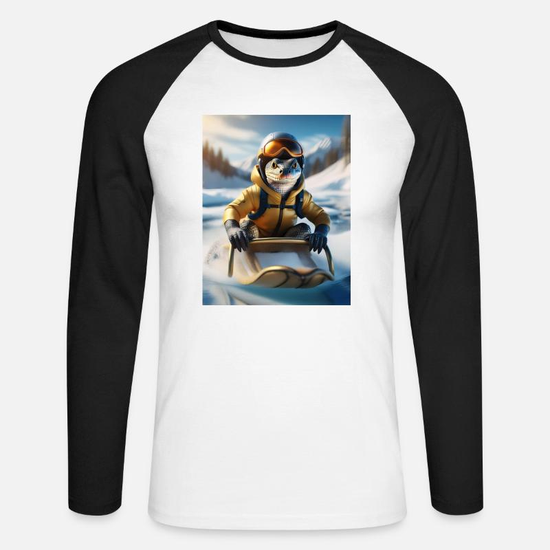 Eine Echse bei einer Schlittenfahrt - Unisex Baseballshirt langarm - Weiß/Schwarz