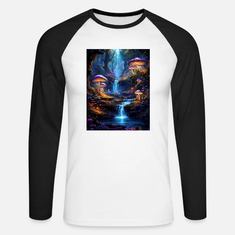 Magischer Wald mit Wasserfall - Unisex Baseballshirt langarm - Weiß/Schwarz