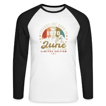 June 1970 anniversary June 1970 June - Unisex Baseballshirt langarm - Weiß/Schwarz - Vorne - Nik (191cm)