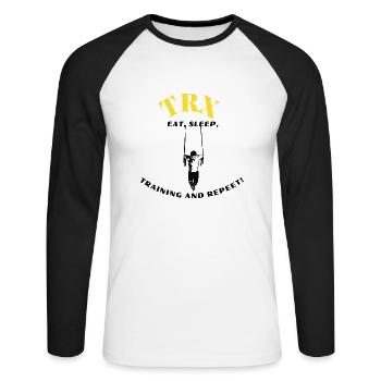 TRX EAT SLEEP Gift Idea Training - Unisex Long Sleeve Baseball T-Shirt - white/black - Front - Nik (191cm)