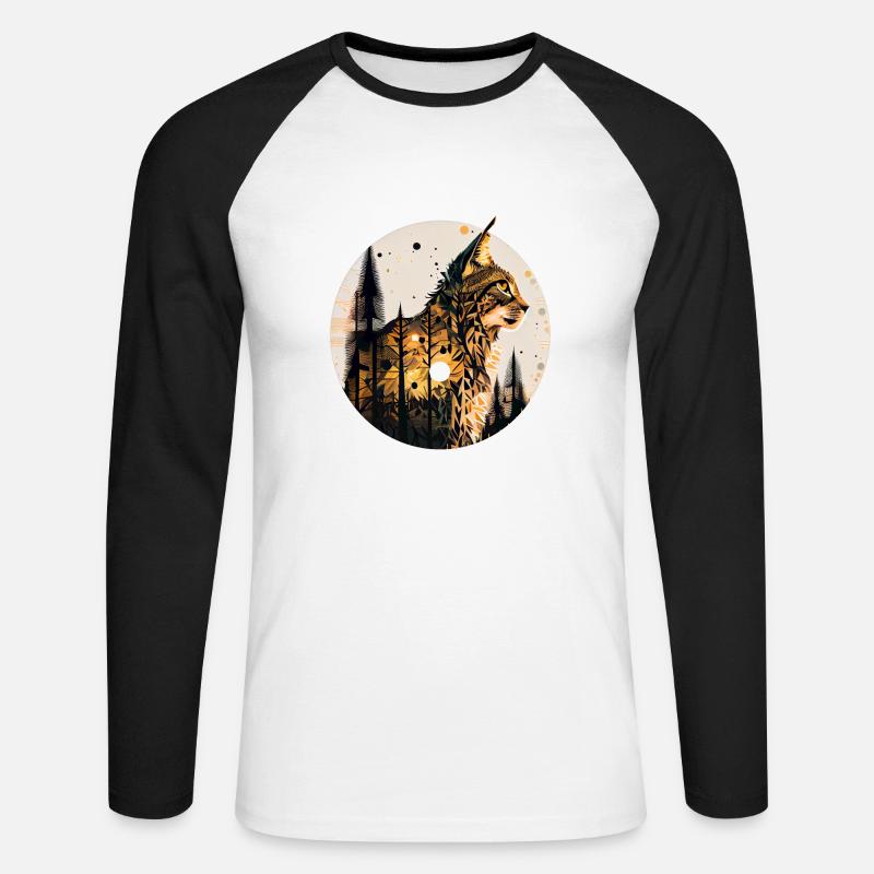 Luchs mit Mond im Wald mit Muster - Unisex Baseballshirt langarm - Weiß/Schwarz