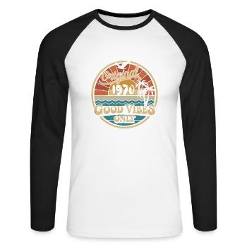 Original 1970 ' s Vintage 1970 ' s Anniversaire Rétro 1970 's - T-shirt baseball manches longues Homme - blanc/noir - Devant - Nik (191cm)