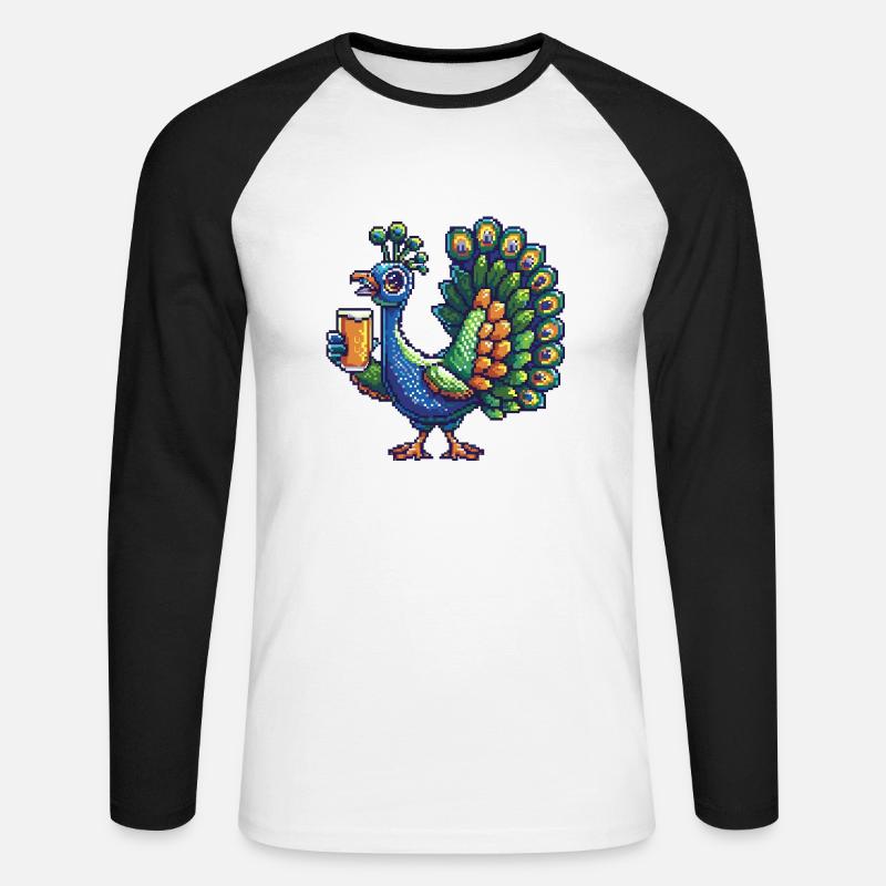 Pfau Vogel Pixel Bier - Unisex Baseballshirt langarm - Weiß/Schwarz