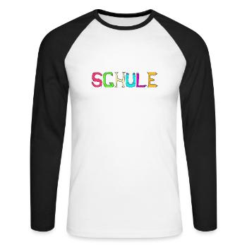 Schule Schriftzug bunt - Schule oder Freilerner - Unisex Baseballshirt langarm - Weiß/Schwarz - Vorne - Nik (191cm)