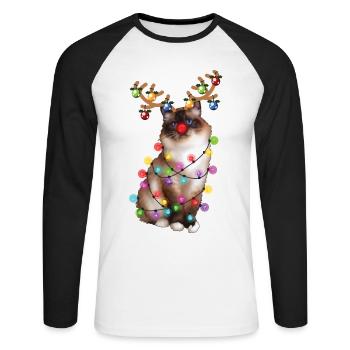 Christmas Birman Cat - Funny Reindeer Xmas Kitty - Unisex Long Sleeve Baseball T-Shirt - white/black - Front - Nik (191cm)