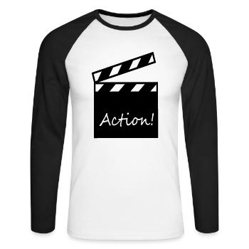Tasche Filmklappe "Action!" - Unisex Baseballshirt langarm - Weiß/Schwarz - Vorne - Nik (191cm)