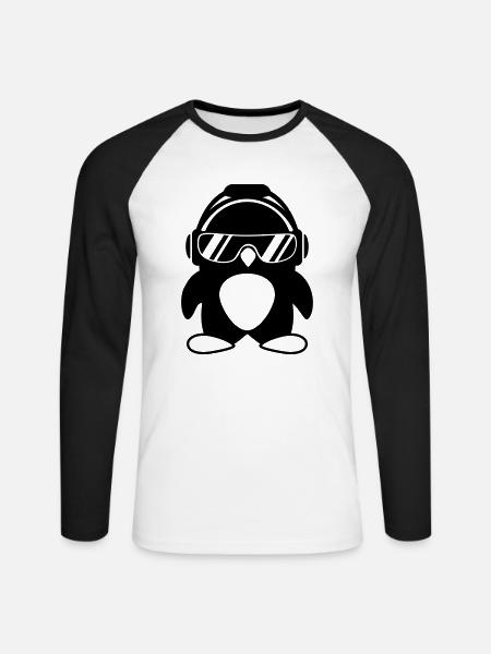 Pinguin mit Kopfhörer - Unisex Baseballshirt langarm - Weiß/Schwarz