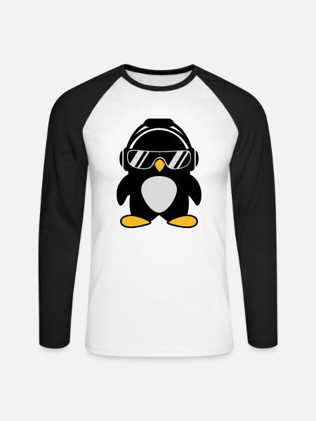 Pinguin mit Kopfhörer - Unisex Baseballshirt langarm - Weiß/Schwarz