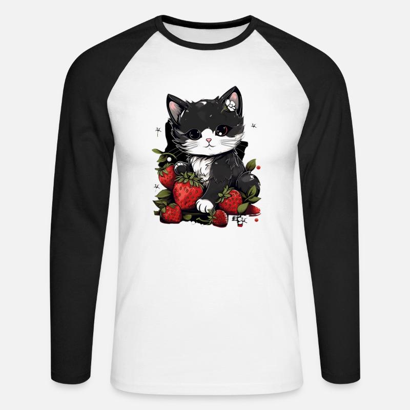 Katze Ragamuffin Erdbeere Geschenk - Unisex Baseballshirt langarm - Weiß/Schwarz