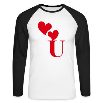 Buchstabe u rotes Herz - Unisex Baseballshirt langarm - Weiß/Schwarz - Vorne - Nik (191cm)