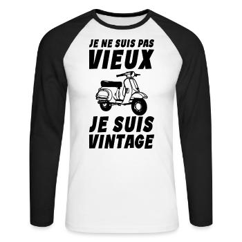 Je ne suis pas vieux - Je suis vintage - Mobylette - T-shirt baseball manches longues Homme - blanc/noir - Devant - Nik (191cm)