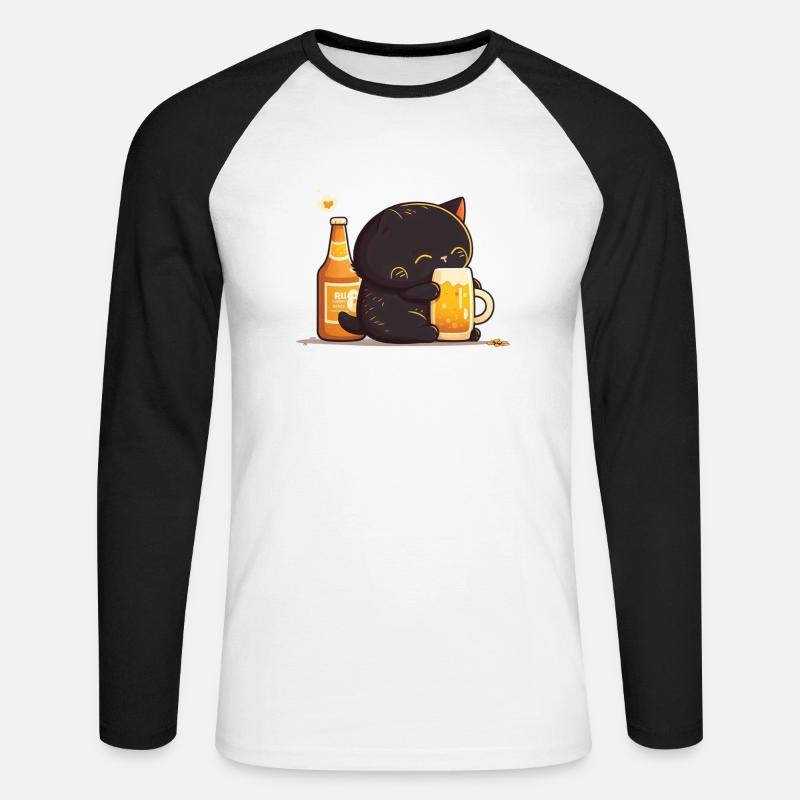 Katze kuschelt mit Bier - Unisex Baseballshirt langarm - Weiß/Schwarz