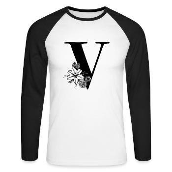 Buchstabe V - Unisex Baseballshirt langarm - Weiß/Schwarz - Vorne - Nik (191cm)