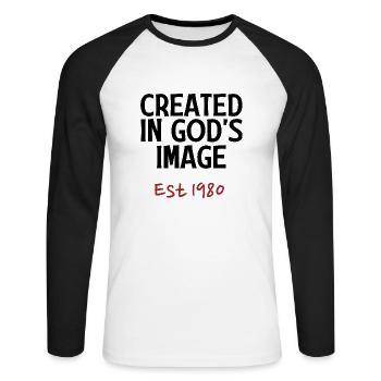Created in God's Image Est 1980 - Unisex Long Sleeve Baseball T-Shirt - white/black - Front - Nik (191cm)