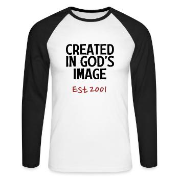 Créé à l’image de Dieu Est 2001 - T-shirt baseball manches longues Homme - blanc/noir - Devant - Nik (191cm)