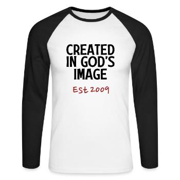 Geschaffen nach Gottes Bild Est 2009 - Unisex Baseballshirt langarm - Weiß/Schwarz - Vorne - Nik (191cm)