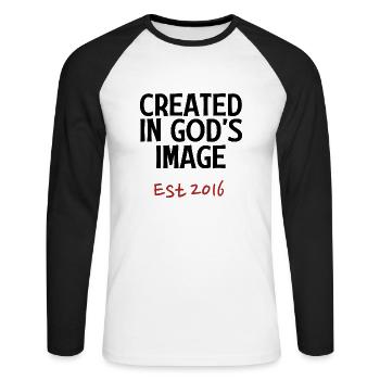 Created in God's Image Est 2016 - Unisex Long Sleeve Baseball T-Shirt - white/black - Front - Nik (191cm)