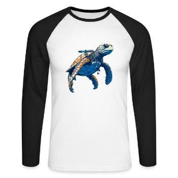 Meeresschildkröte als Taucher - Unisex Baseballshirt langarm - Weiß/Schwarz - Vorne - Nik (191cm)