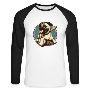Mops spielt Baseball - Lustiges Mops Hund Outfit - Unisex Baseballshirt langarm - Weiß/Schwarz - Vorne - Nik (191cm)