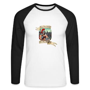 INTO THE BATTLE BUT FIRST COFFEE - Unisex Baseballshirt langarm - Weiß/Schwarz - Vorne - Nik (191cm)