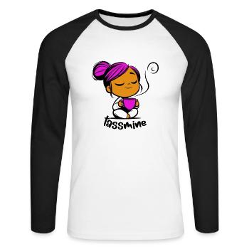 Tassmine enspannt mit einer Tasse Tee oder Kaffee - Unisex Baseballshirt langarm - Weiß/Schwarz - Vorne - Nik (191cm)