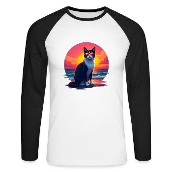 Katze am Strand - Unisex Baseballshirt langarm - Weiß/Schwarz - Vorne - Nik (191cm)