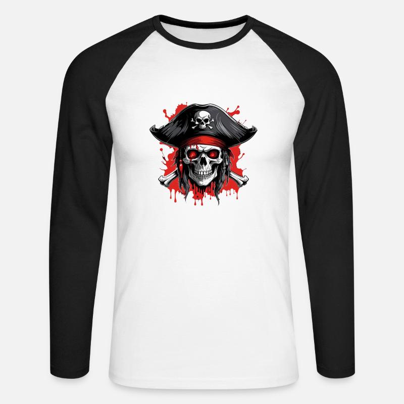 Piratenschädel mit Dreispitz und Blutspritzern - Unisex Baseballshirt langarm - Weiß/Schwarz