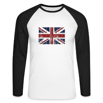 Union Jack flag - wood vintage look - Unisex Baseballshirt langarm - Weiß/Schwarz - Vorne - Nik (191cm)