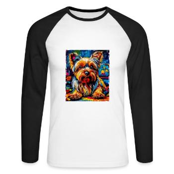 Yorkshire Terrier Hund Porträt - Unisex Baseballshirt langarm - Weiß/Schwarz - Vorne - Nik (191cm)
