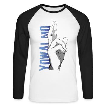 Anime Manga // Gojo fingers crossed // AS005 - Unisex Long Sleeve Baseball T-Shirt - white/black - Front - Nik (191cm)