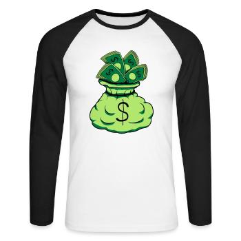 Geld Sack Scheine - Unisex Baseballshirt langarm - Weiß/Schwarz - Vorne - Nik (191cm)