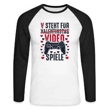 V steht für Video Spiele - Gamer Spruch lustig - Unisex Baseballshirt langarm - Weiß/Schwarz - Vorne - Nik (191cm)