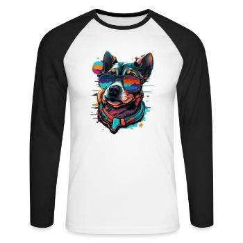 Visage de chien Hipster Bello aux couleurs vives - T-shirt baseball manches longues Homme - blanc/noir - Devant - Nik (191cm)
