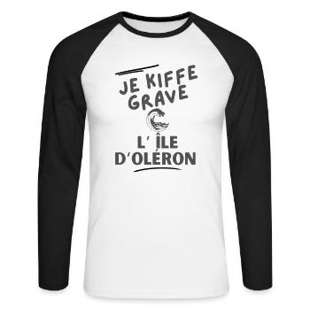 Je kiffe grave l'île d'Oléron 2 - T-shirt baseball manches longues Homme - blanc/noir - Devant - Nik (191cm)