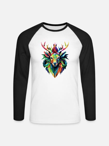Buntes Hirschgeweih - Origami - Style - Unisex Baseballshirt langarm - Weiß/Schwarz