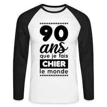 Anniversaire - 90 ans que je fais chier le monde - T-shirt baseball manches longues Homme - blanc/noir - Devant - Nik (191cm)