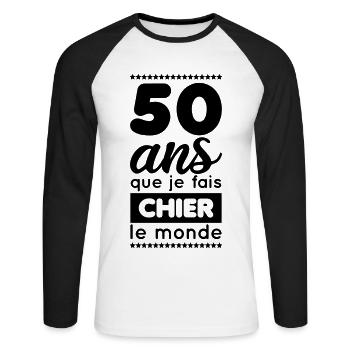Anniversaire - 50 ans que je fais chier le monde - T-shirt baseball manches longues Homme - blanc/noir - Devant - Nik (191cm)