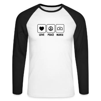 Love, Peace, Nurse - T-shirt baseball manches longues Homme - blanc/noir - Devant - Nik (191cm)