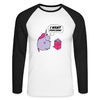 unicorn_want_popcorn_002 - T-shirt baseball manches longues Homme - blanc/noir - Devant - Nik (191cm)