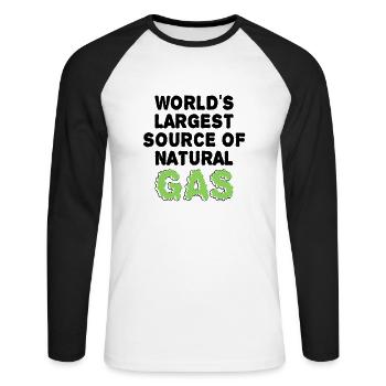 Weltweit größte Quelle für Gas Lustiger Spruch - Unisex Baseballshirt langarm - Weiß/Schwarz - Vorne - Nik (191cm)