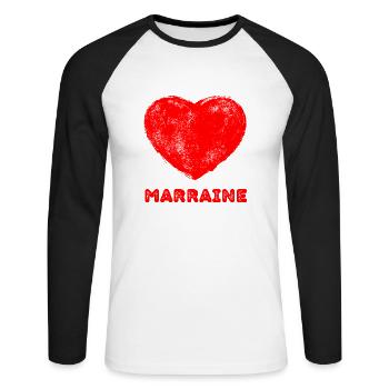 J'aime ma marraine - grand cœur rouge - T-shirt baseball manches longues Homme - blanc/noir - Devant - Nik (191cm)