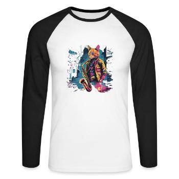 Cat Saxophone Musicien Jazz Saxophoniste Swing Meow - T-shirt baseball manches longues Homme - blanc/noir - Devant - Nik (191cm)