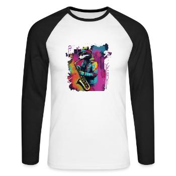 Waschbär Saxophon Jazz Musiker Saxophonist Swing - Unisex Baseballshirt langarm - Weiß/Schwarz - Vorne - Nik (191cm)