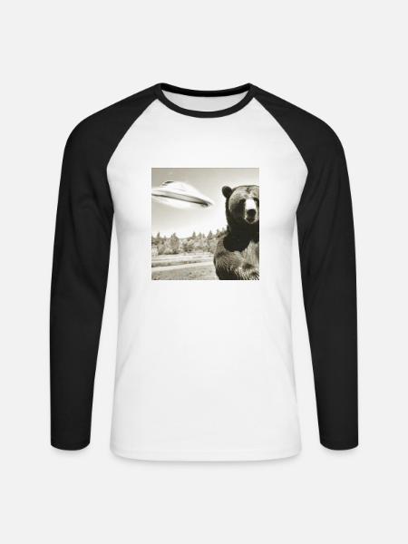 Bär, Foto, Selfie, UFO,vintage, retro - Unisex Baseballshirt langarm - Weiß/Schwarz