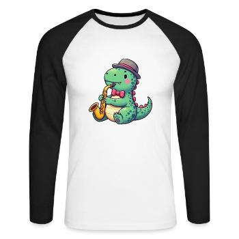 T-Rex Dino Saxofonist Jazz - Unisex Baseballshirt langarm - Weiß/Schwarz - Vorne - Nik (191cm)