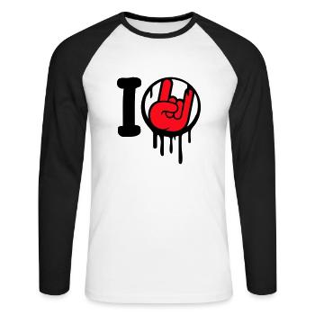 J’aime Heavy Metal Hard Rock Musique Main Geste Coeur - T-shirt baseball manches longues Homme - blanc/noir - Devant - Nik (191cm)