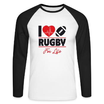 Rugby ist mein Leben,Geschenkidee - Unisex Baseballshirt langarm - Weiß/Schwarz - Vorne - Nik (191cm)