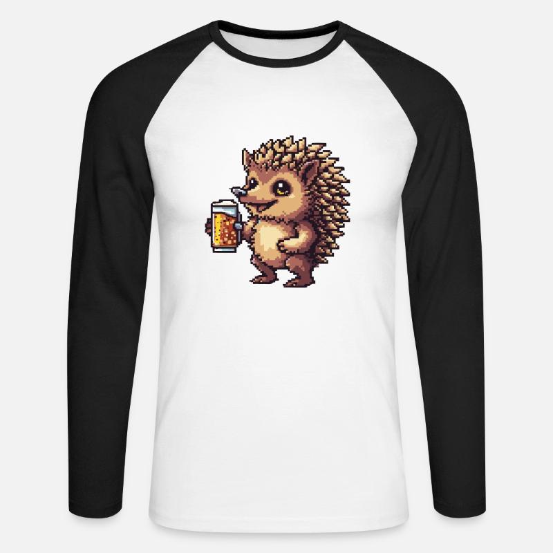 Igel Pixel Bier - Unisex Baseballshirt langarm - Weiß/Schwarz