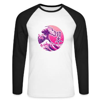 Japan in Kanji | Pink mit Welle - Unisex Baseballshirt langarm - Weiß/Schwarz - Vorne - Nik (191cm)