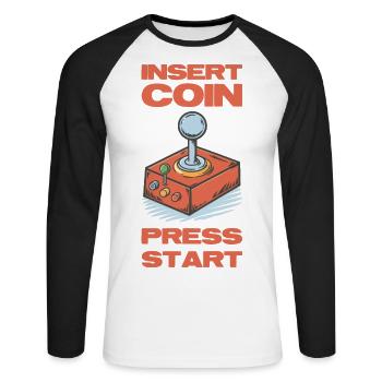 Insert coins press start. Retro joystick design. - Unisex Long Sleeve Baseball T-Shirt - white/black - Front - Nik (191cm)